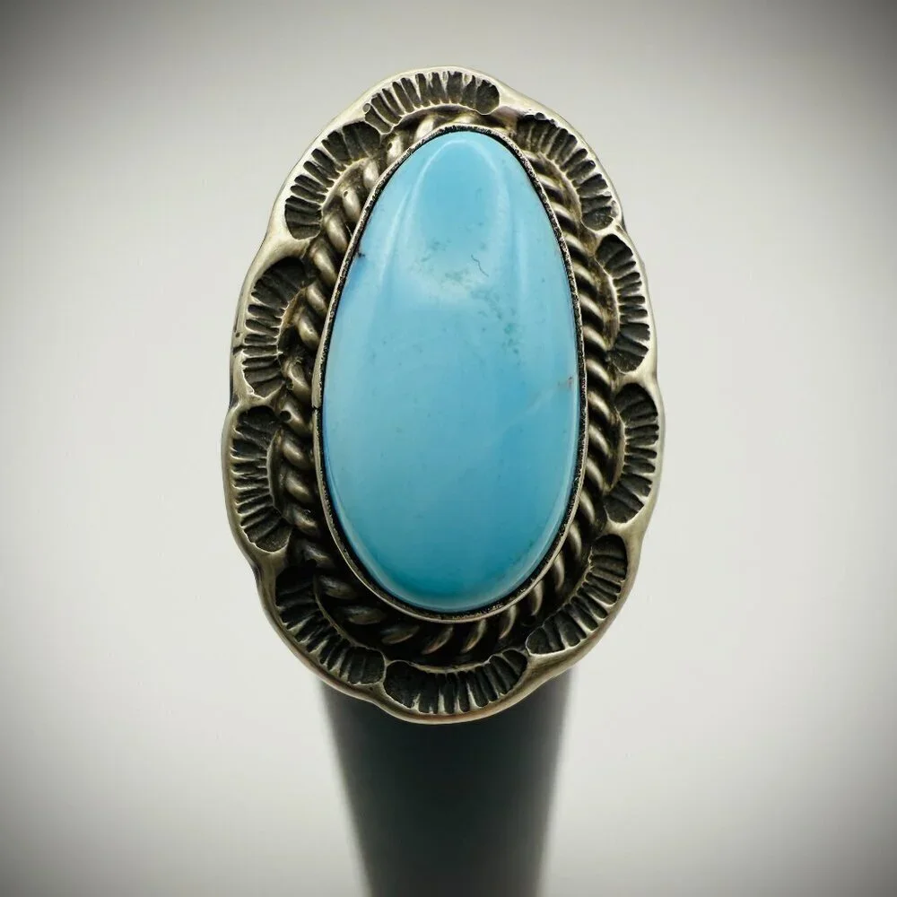 Navajo Sterling Turquoise Ring — artist-stamped F - Freda Martinez, Size 7